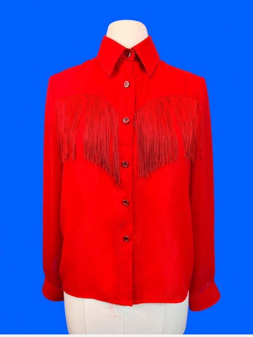 Vintage 1980s Red Western Fringe Shirt Carla Cowgirl Rodeo Blouse Size 10
